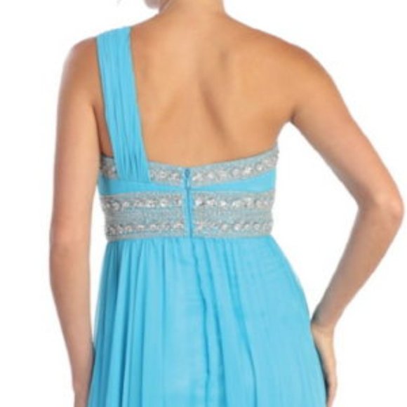 NEW LONG SLEEVELESS A-LINE CHIFFON DRESS EMBROIDERED WITH RHINESTONES GL1015 - Picture 5 of 10